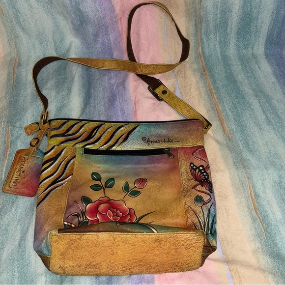 Anuschka Hand Painted Leather Rose Butterfly Zip Around Hobo crossbody Bag - Picture 1 of 5